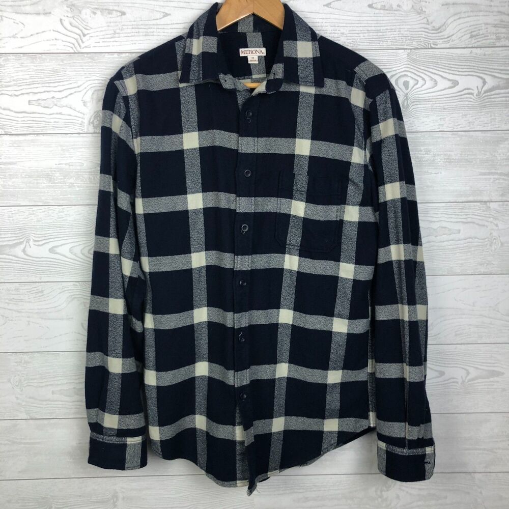 Merona Men's Medium Plaid Flannel Long Sleeve Button Front Shirt Blue White